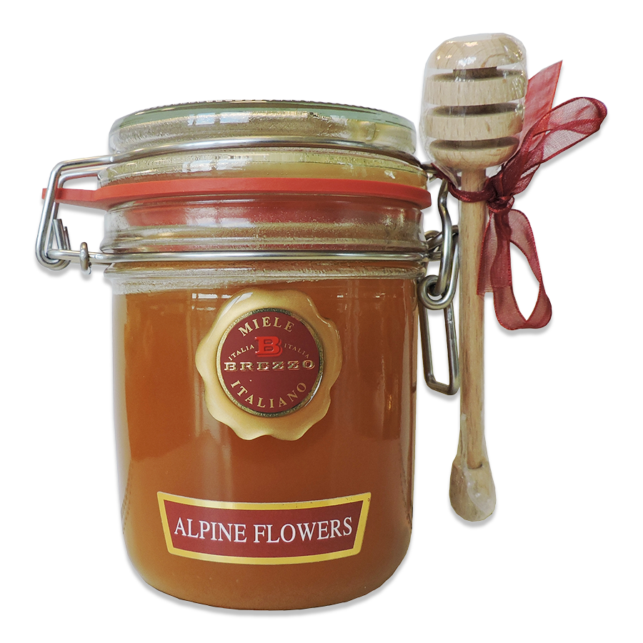 Brezzo - Alpine Flower Honey in Gift jar with wooden Honey Dipper - 14.1 oz